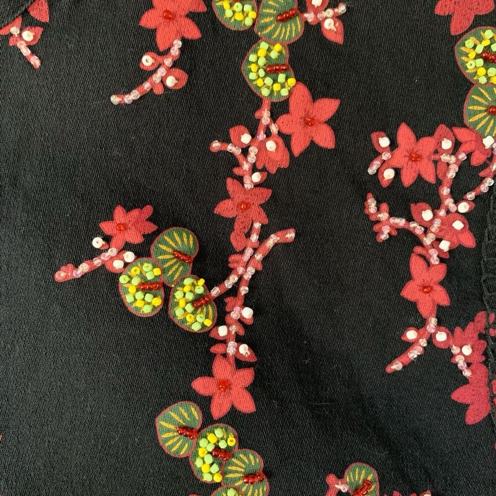 British Khaki Vest Women 1X Black Denim Snap Buttons Beaded Boho Artsy Floral - Picture 10 of 16